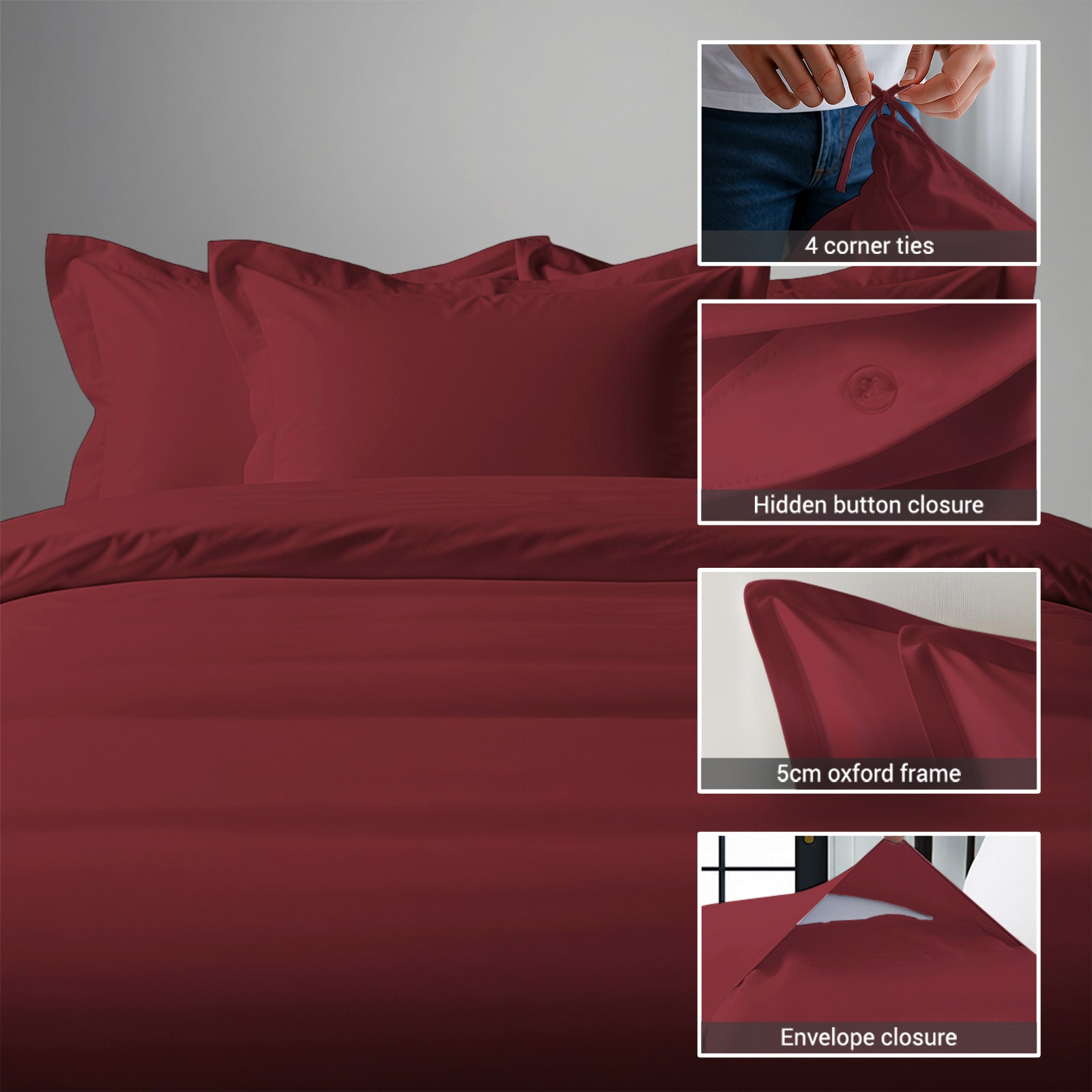 Pizuna Linens single size cotton duvet cover with hidden button closure corner ties and Oxford pillowcases